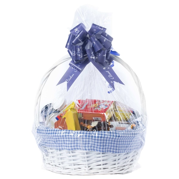 White Round Willow Gift Basket, With Blue And White Gingham Liner And Handles, Small